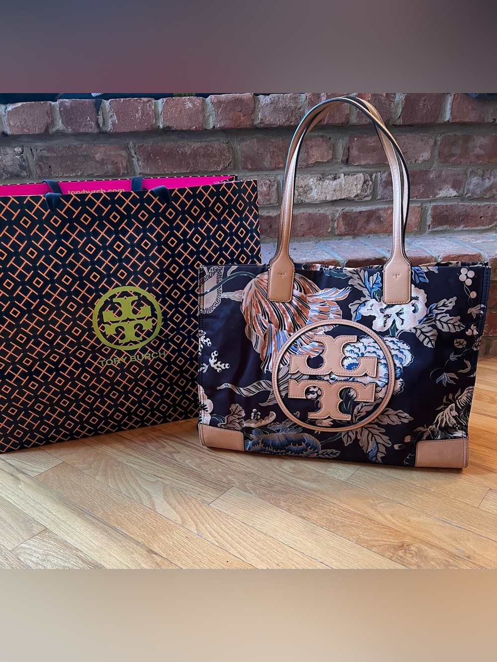 Tory Burch Navy & Tan Floral Large Ella Tote